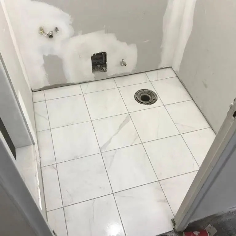 Bathroom floor with extensive dark mold colonies and water damage staining requiring mold remediation